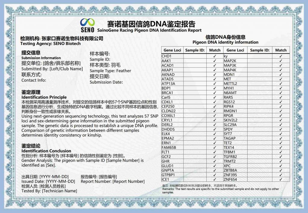racing pigeon gene ID certificate
